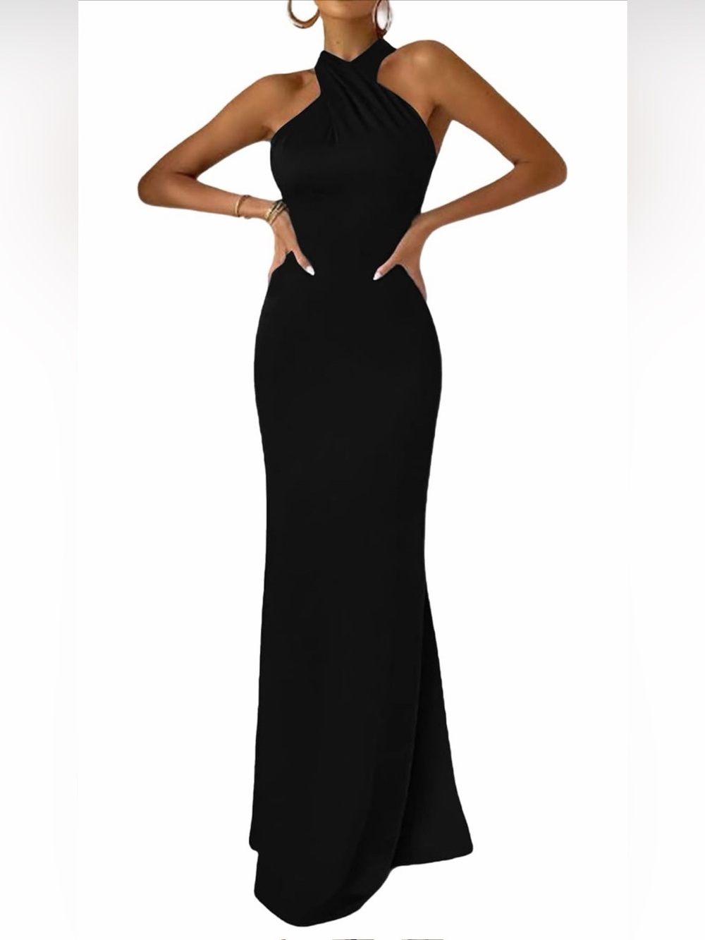 Rooscier Black Satin Halter Backless Ruched Mermaid Maxi Dress Formal Sz S